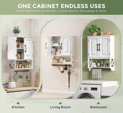 Bathroom Cabinet Wall Mounted, White Bathroom Wall Cabinets with Towel Bar and 2 Doors, Wooden Medicine Cabinet with Adjustable Shelf, Open Storage