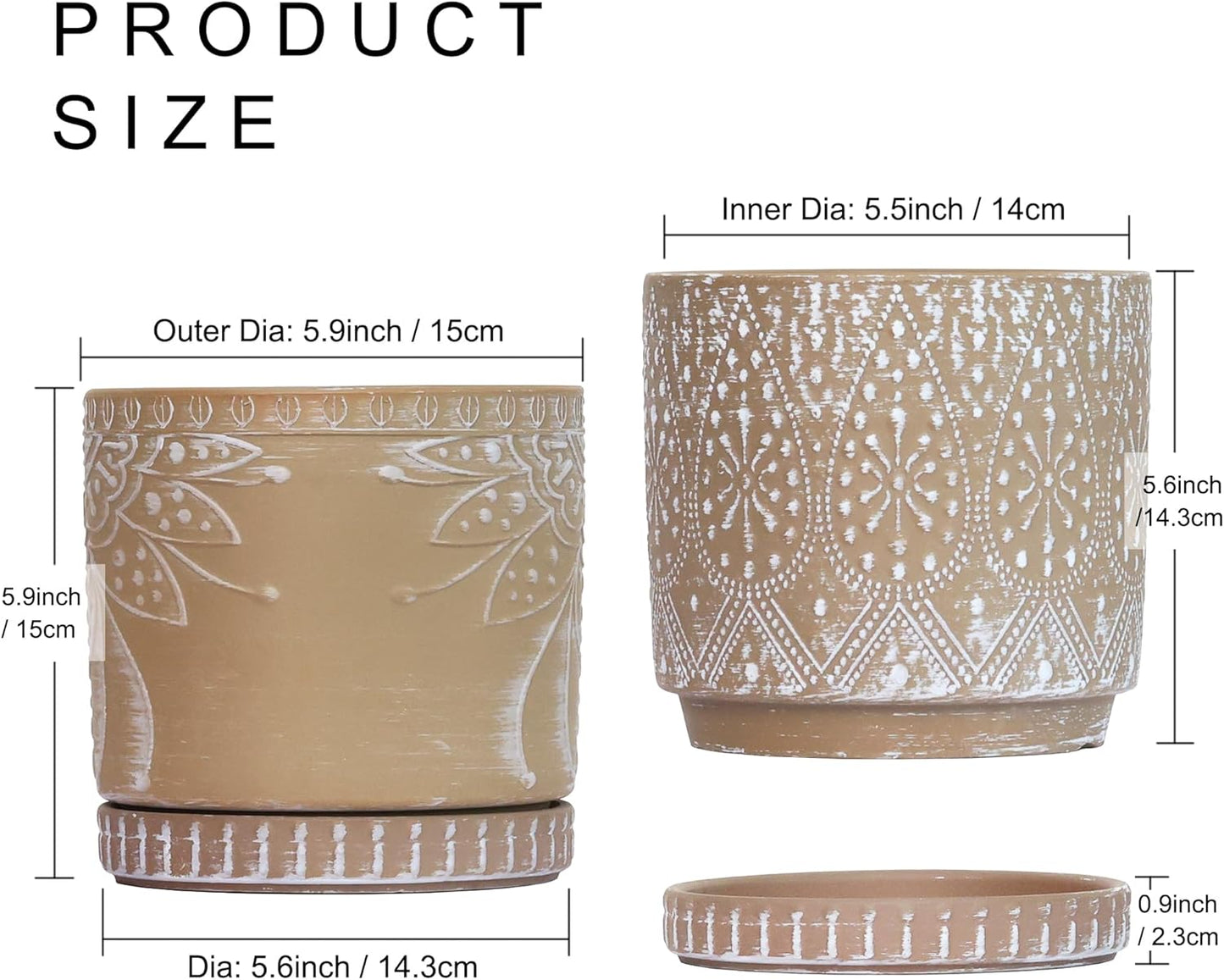 6 Inch Indoor Plant Pots with Drainage Holes and Saucers, Ceramic Planter for Plants, Flower Pot - Set of 2