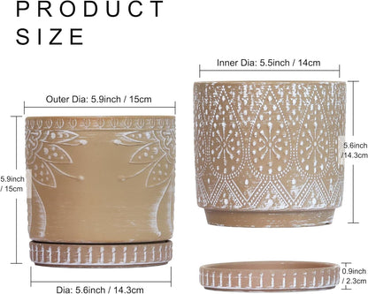 6 Inch Indoor Plant Pots with Drainage Holes and Saucers, Ceramic Planter for Plants, Flower Pot - Set of 2