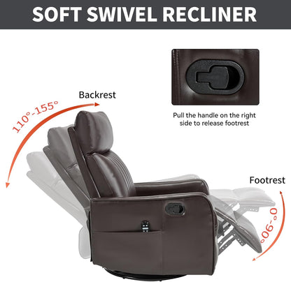 Manual Swivel Rocker Recliner Chair for Adults, Overstuffed Reclining Glider Chair for Nursing with Vibration Massage & Heat, Living Room Rocking Recliner 2-Stage backrest, Faux Leather Brown