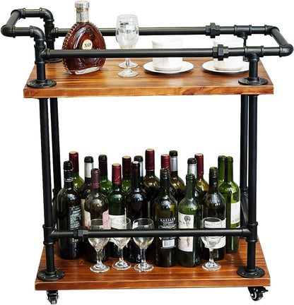 Industrial Pipe Bar Carts/Serving Carts/Kitchen Carts/Wine Rack Carts on Wheels with Shelves - Wood Rolling Carts - Wine Tea Liquor Shelves/Holder - Home Furniture