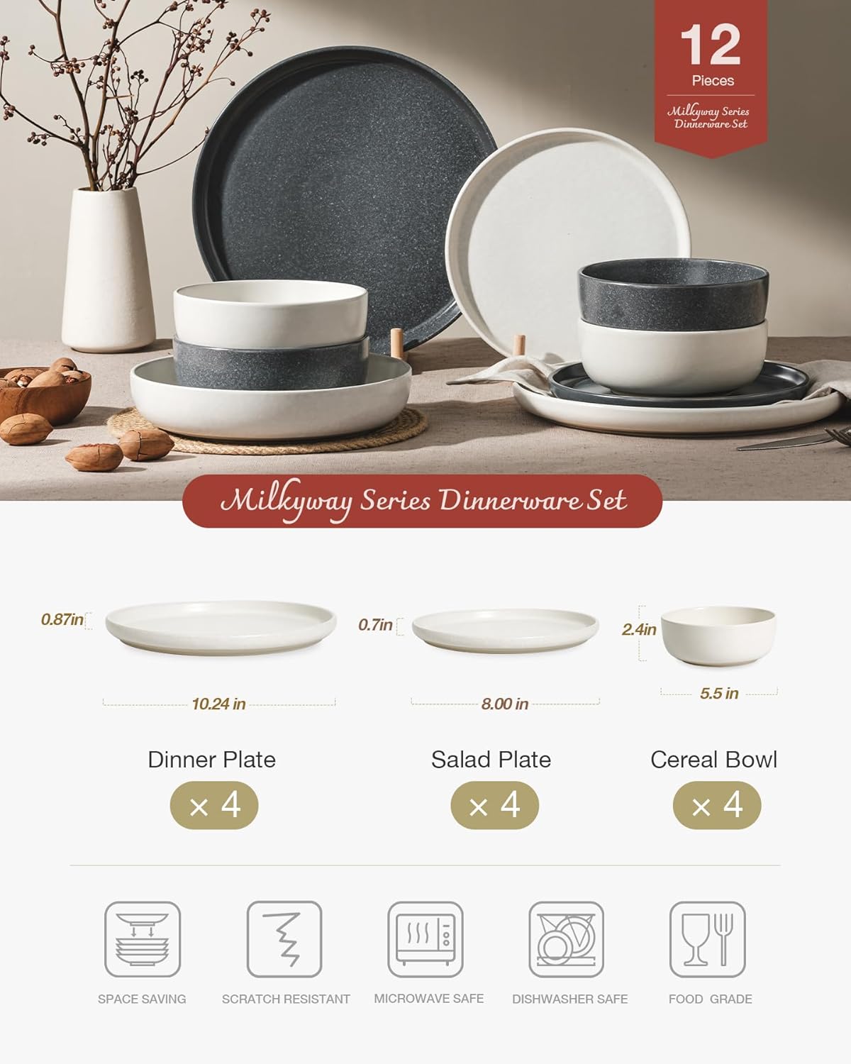 Famiware Milkyway Plates and Bowls Sets, 12 Pieces Dinnerware Sets, Reactive Glaze Dish Set, Stoneware Dishes Set for 4, Matte White & Matte Dark Charcoal