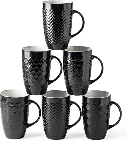 AmorArc Large Coffee Mugs Set of 6, 20oz Ceramic Tall Coffee Mugs Set with Textured Geometric Patterns for Latte/Tea/Beer/Hot Cocoa, Dishwasher & Microwave Safe, Black