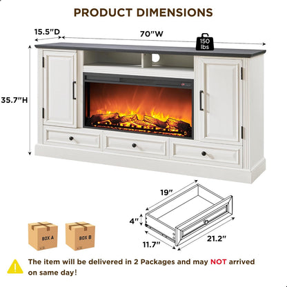Fireplace TV Stand for 80 Inch TV, 35.7" Tall Farmhouse Entertainment Center W/36'' Electric Fireplace, Media Console with Large Storage Cabinets and Drawers for Living Room, Antique White
