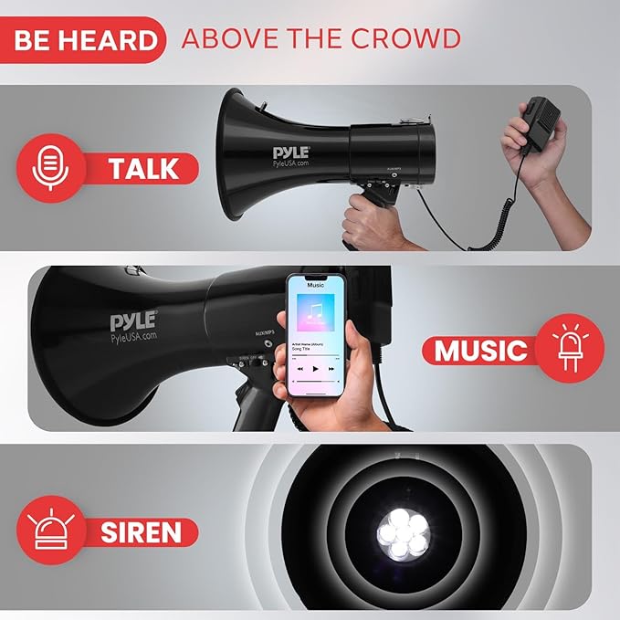 Pyle Portable Compact PA Megaphone Speaker with Alarm Siren & Adjustable Volume - 50W Handheld Lightweight Bullhorn - with Mic, AUX IN for MP3 & Rechargeable Battery - Indoor Outdoor Use - PMP561LTB