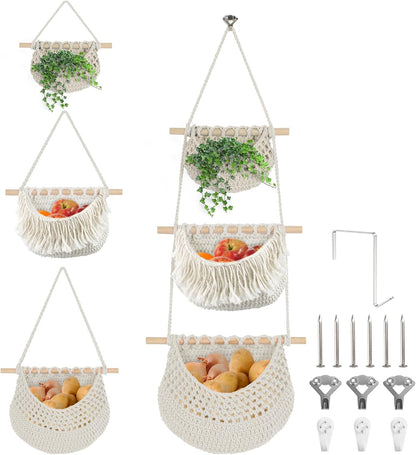 Hanging Baskets for Organizing, 3 Tier Detachable Wall Hanging Fruit Basket Over the Door Organizer for Fruit Vegetable Plant, Beige Boho Cotton Crocheted Fruit Holder for Kitchen Bathroom Bedroom