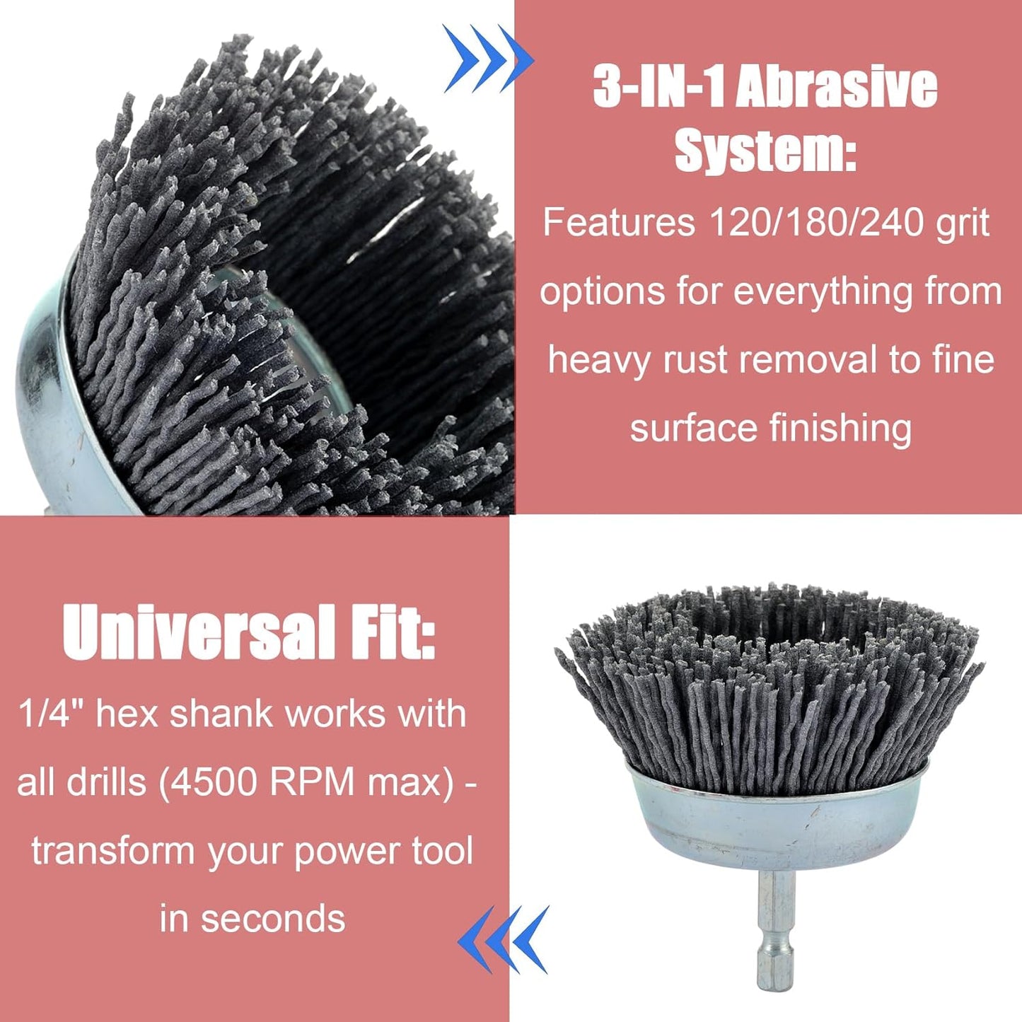 MAXMAN Nylon Drill Brush Set for Rust Removal - 9 Pack Abrasive Wheel & Cup Brush Attachments, 1/4" Hex Shank, Remove Paint & Corrosion from Metal, Wood - Heavy Duty Tools for Drills & Impact Drivers