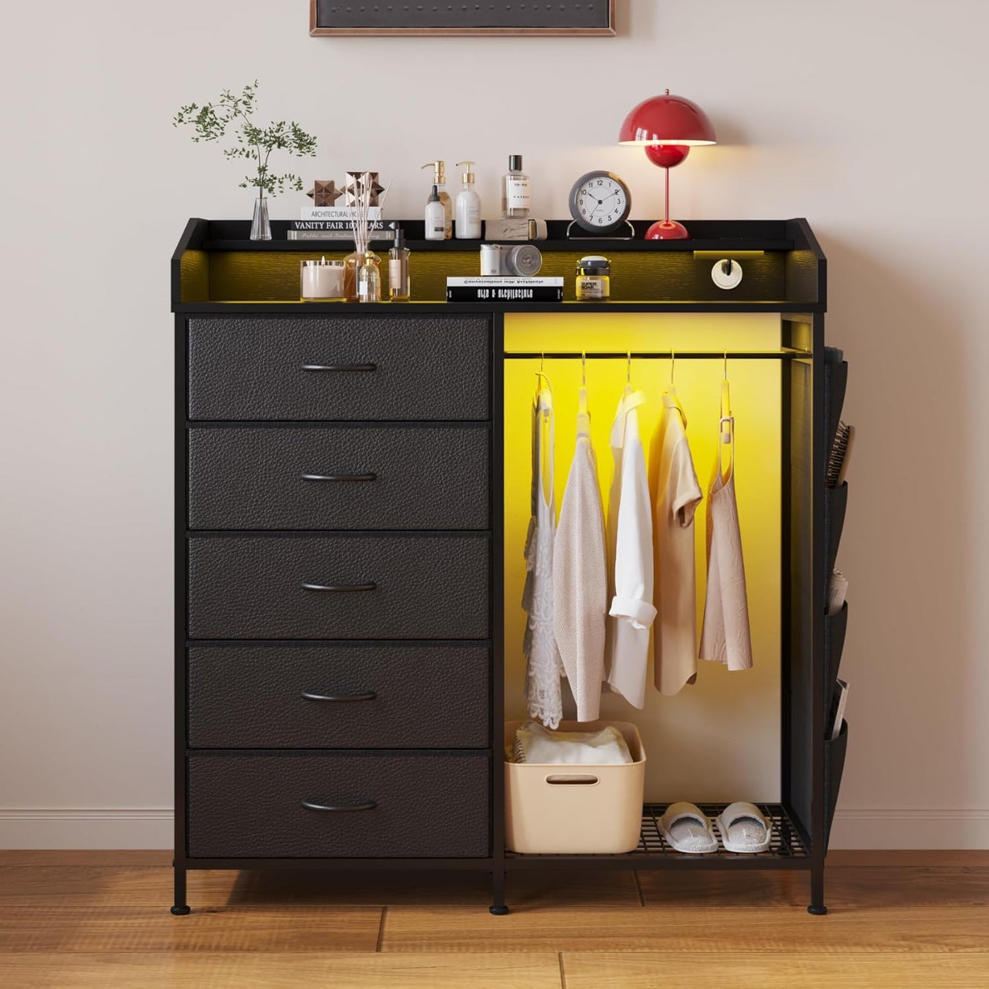 LUMTOK 2-in-1 Dresser with Hanging Racks,5 Fabric Drawers Dressers with LED Lights, Charging Station for Bedroom Living Room, Entryway, Closets (Black)
