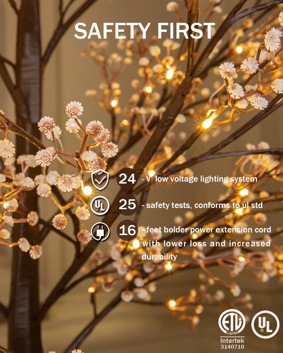 6ft Lighted Baby's Breath Tree with 184 Warm White LED Lights for Holiday Decor - Dimmable, UL Certified, Waterproof - Ideal for Indoor and Outdoor Decoration