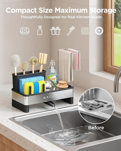 Nacial Kitchen Sink Caddy Organzier with High Brush Holder, Sponge Holder for Kitchen Sink with Two Towel Racks & Soap Dispenser- Rustproof 304 Stainless Steel Kitchen Countertop Storage Essentials