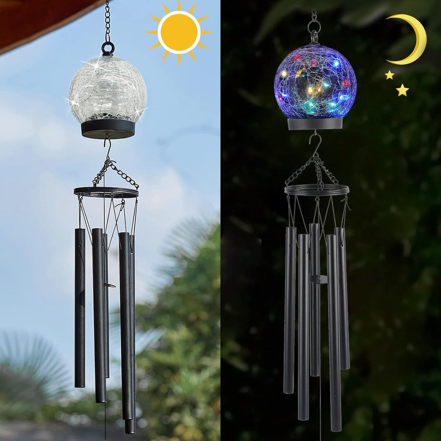 Wind Chimes Outdoor Solar Lights, 42 Inch Large Sympathy Chime 15 LED Twinkle Multi Color Crackled Glass Ball Birthday Gifts for Women Decorative Hanging in Garden, Yard, Patio, Landscape