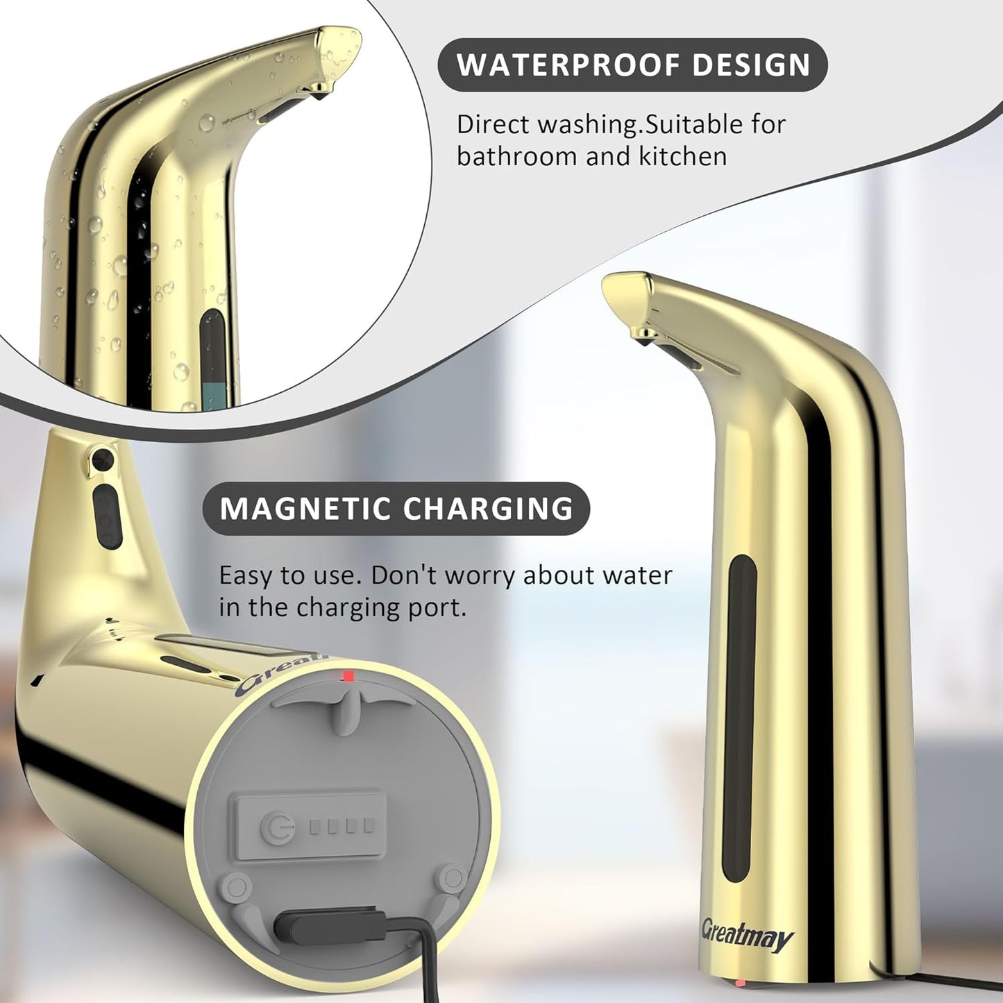 Convenient Automatic Soap Dispenser,4 Adjustable Levels Touchless Hand Sanitizer Pump with Infrared Sensor, 400 ml Countertop Electric Soap Dispenser for Bathroom,Kitchen (Gold2)