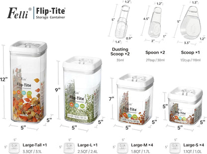 Felli Flip Tite Food Storage Container with Scoop & Lid 5" LARGE Airtight Ring Top, Acrylic Canister Jar for Sugar Flour Baking Powder Protein Rice Pasta Kitchen Organizer Gift Set (10pk, Variety)