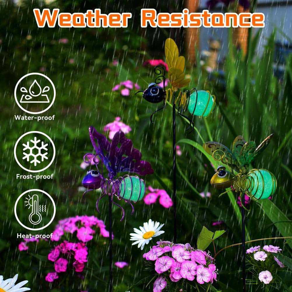 Garden Decor for Outside,3 Pcs Luminous Insect Garden Decorative Stakes,Glow in The Dark Bee Lights Metal Yard Art,Waterproof Outdoor Spring Lawn Patio Pathway Decoration for Mom,Women,Grandma