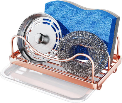 Consumest Sponge Holder for Kitchen Sink - Movable Sink Caddy for Countertop Organizer, 304 Stainless Steel Sponge Holder with Detachable Drip Tray for Kitchen Accessories, Rose Gold