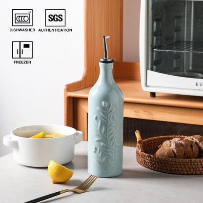 Sweejar Large Olive Oil Dispenser Bottle with Spout, 24 Oz Ceramic Oil Dispenser for Kitchen, Relief Opaque Cruet, Container for Cooking, EVOO, Vinegar, Pack of 1 (Light Blue)