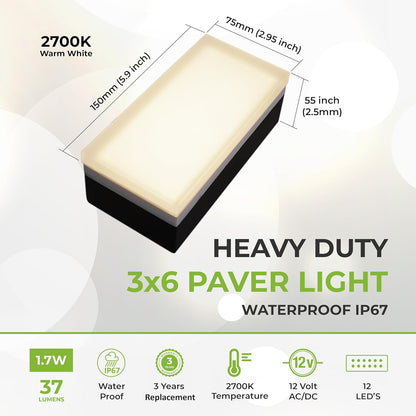 LUMENGY Paver Light 3×6 Inch (2.95 X 5.9), Warm White Glare-Free Illumination for Driveways, Pathways, Pool Deck & Patios, 12V AC/DC, Waterproof & Drive-Over Rated