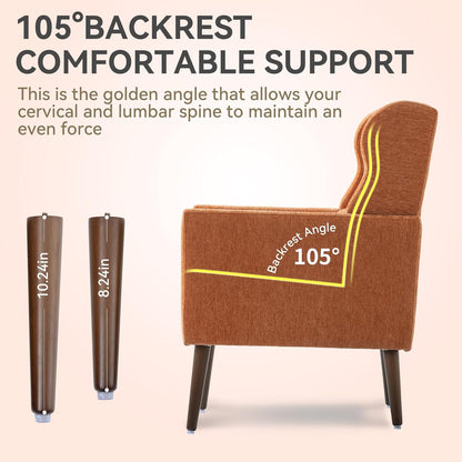 Modern Accent Chair, Upholstered Armchair with Pillow, Fabric Single Sofa Chair with Lounge Seat and Wood Legs Accent Chair for Living Room Bedroom Small Spaces (Orange, Set of 1)