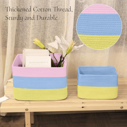 Hopegiver Woven Storage Baskets 15x11x10 Inch, 3 Pack Collapsible Cube Storage Bin for Shelves - Foldable Cotton Rope Organizer Bins for Towels, Toys, Books, Closet, Nursery (Pink Blue Yellow)