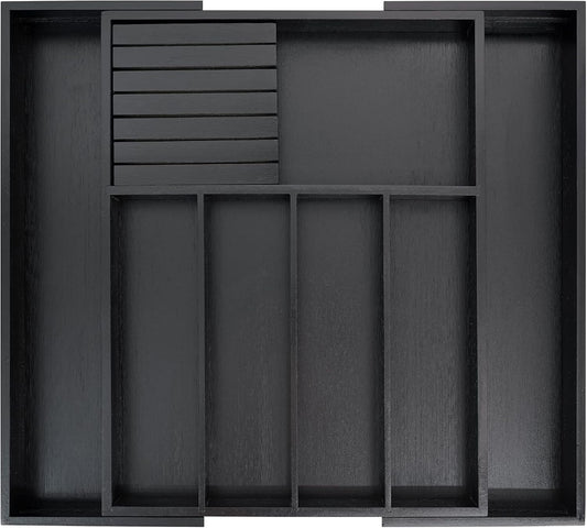 VaeFae Premium Bamboo Silverware Drawer Organizer Kitchen, Expandable Utensil Organizer with Knife Block, Cultery Tray with Divider for Flatware (Black)