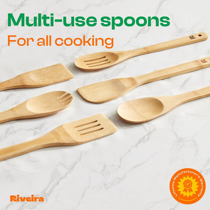 Riveira Bamboo Cooking Spoons 6-Piece – Wooden Cooking Utensils Set with Wooden Spoons for Cooking & Spatulas Wooden Utensil Sets – Premium Kitchen Utensils Set – Durable First Apartment Essentials