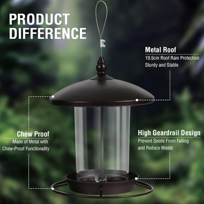 Metal Bird Feeder for Outdoors Hanging,3.0LB Seed Feeder,Easy to Fill & Clean,360° Feeding,Weatherproof Roof for Gardens and Wild Birds,Brown