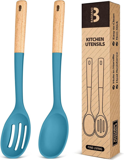 Silicone Cooking Spoons, Great for Scooping Sides and Serving Hearty Stews, BPA-Free Matte Silicone, Wooden Handle Serving Spoon for Nonstick Cooking Surfaces (Blue)