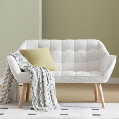 48”Small Loveseat Sofa, Modern Sherpa Upholstered Mini Couch 2-Seater Fluffy Love Seat with Quilting Backs and Wood Legs for Living Room, Bedroom and Small Space, White