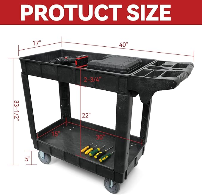2-Shelf Rolling Utility Cart, Heavy-Duty Service and Tool Cart on Wheels, 40 x 17 Inch, 500 lb Load Capacity, Ideal for Garages, Warehouses, Church and Commercial Use