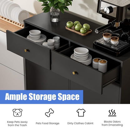 Double Tilt Out Trash Can Cabinet, Trash Storage Cabinet with 2 Drawers, Hidden Garbage Bin, Free Standing Laundry Sorter Organizer for Kitchen Dining Living Room, Bathroom, Black