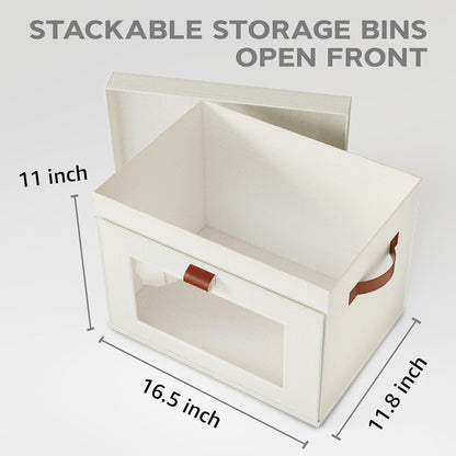 Large Storage Bins with Lids,Stackable&Collapsible Closet Storage Bins,Oxford Fabric Organizer Box with Clear Window,Large Decorative Storage Boxes for Shelves,Wardrobe,Living Room(Beige)