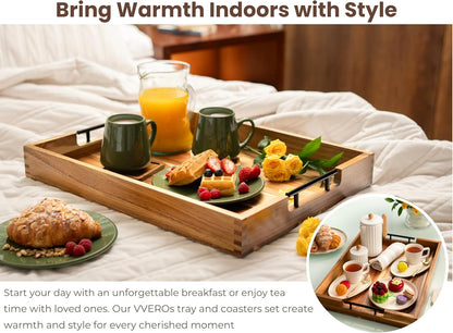 Acacia Wooden Ottoman Tray for Living Room – 21" Large Coffee Table Serving Tray with Handles & 6 Coasters Set, Perfect for Food, Drinks, Kitchen, and Home Decor