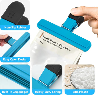 OWLKELA Chip Clip, 12 Pack Colors Wide Open Bag Clips for Food Storage, Heavy Duty Seal Grips Plastic Food Clips for Snack, Food Packages (6 inch x 3.4 inch)