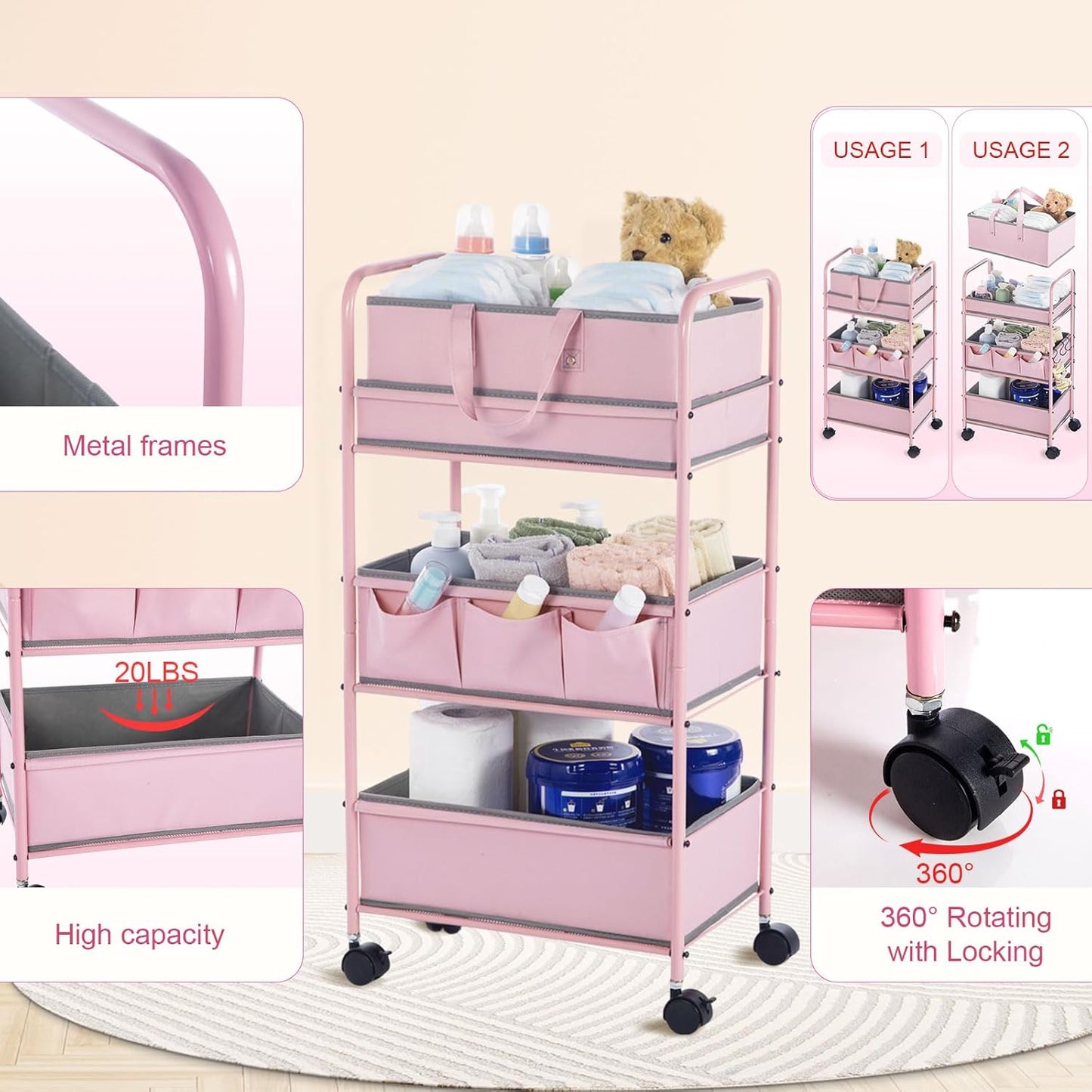 Honeydak 2in1 Baby Diaper Caddy Organizer Cart 3 Tier Large Capacity Metal Utility Bedside Rolling Cart with Divider for Newborn Nursery Essential Must Have for Crib Bedroom Baby Shower(Pink)
