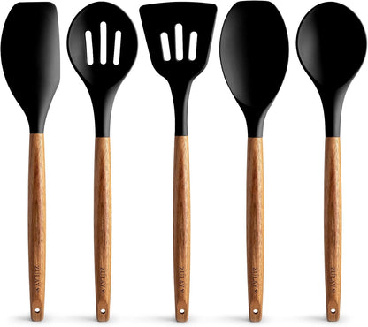 Zulay Kitchen Non-Stick Cooking Utensils Set with Authentic Acacia Wood Handles – 5-Piece Durable & Stylish Silicone Kitchen Utensils Set – Heat Resistant to 464°F – Black