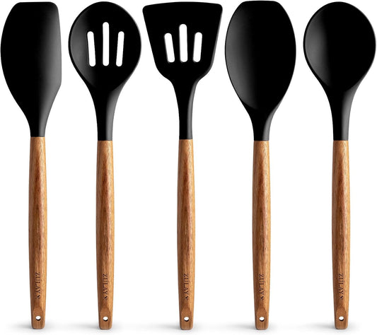 Zulay Kitchen Non-Stick Cooking Utensils Set with Authentic Acacia Wood Handles – 5-Piece Durable & Stylish Silicone Kitchen Utensils Set – Heat Resistant to 464°F – Black