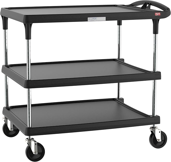 Metro myCart Plus Utility Cart - Choose-Your-Height Adjustable Heavy Duty Rolling Cart for Home, Commercial and Industrial Use - 3-Shelf, 500 lbs Capacity - 27.7" W x 40.25" L x 36.8-40.8" H - Black