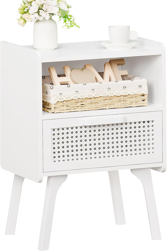 Lerliuo Rattan Nightstand, Side Table with Drawer Open Shelf, Cane Accent Bedside End Table with Solid Wood Legs, Mid Century Modern Night Stand for Bedroom, Dorm and Small Spaces (White)