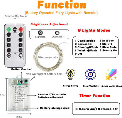 3 Pack 60LED Battery Operated Fairy Lights with Remote, 8 Modes LED String Lights with Timer, Dimmable, Memory Function, Waterproof Twinkle Fairy Lights for Outdoor Indoor Christmas Decor(Cool White)