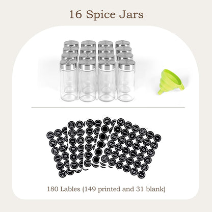 WelFurGeer Bamboo Spice Rack Organizer for Countertop, Revolving Spice Shelf with 16 Glass Jars, Lids & Labels, Desktop Rotating Seasoning Organizer for Kitchens, Space-Saving Design