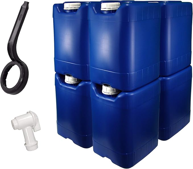 5 Gallon Samson Stackers, Blue, 8 Pack (40 Gallons), Emergency Water Storage Kit - New! - Boxed! Includes 1 Spigot and Cap Wrench