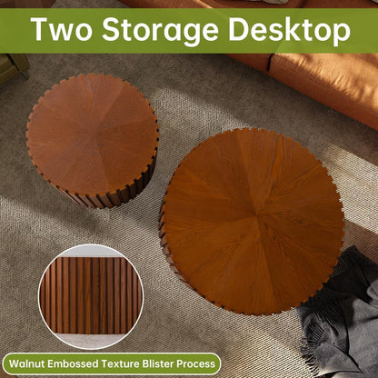 Round Nesting Coffee Table Modern Fluted Coffee Table Set of 2 Stripe Round Coffee Tables Circle Drum Coffee Tables for Living Room (Walnut Small)