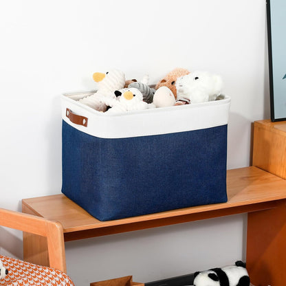 DULLEMELO Large Storage Baskets with Leather Handles for Linen Closet and Home Office, Decorative Baskets for Toys Storage (White & Blue)