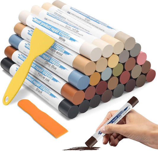 30+2P Wood Filler Sticks, Windspeed 30 Colos Wood Filler Putty Wax Crayons Furniture Repair Kit Putty Stick for Baseboard Cabinets Furniture Floors(with 2 Scrapers)