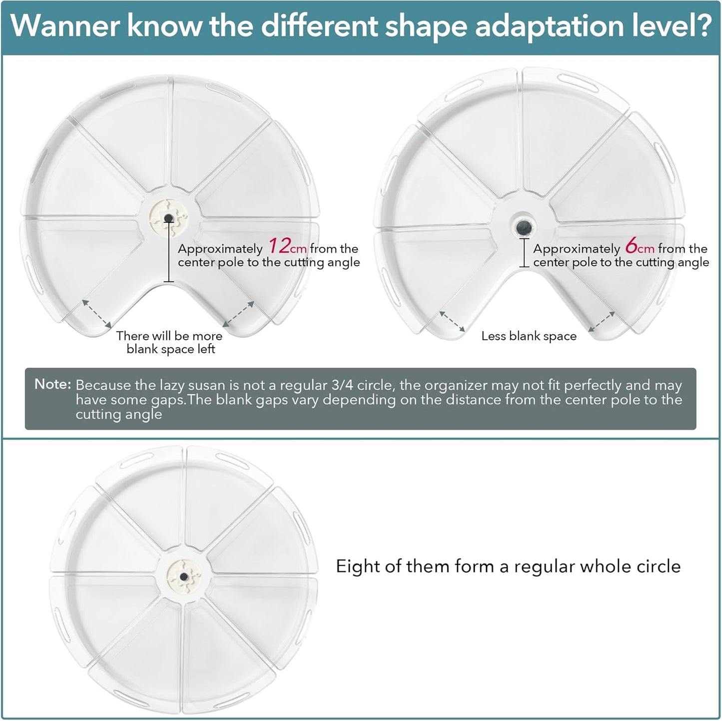 Oubonun Lazy Susan Organizers Set of 8, 12.8’’ x 11.7’’ x 4’’ Plastic Transparent Kitchen Cabinet Storage Bins with Handle, 4" Deep Container, 1/8 Wedge - Food Safe, without BPA