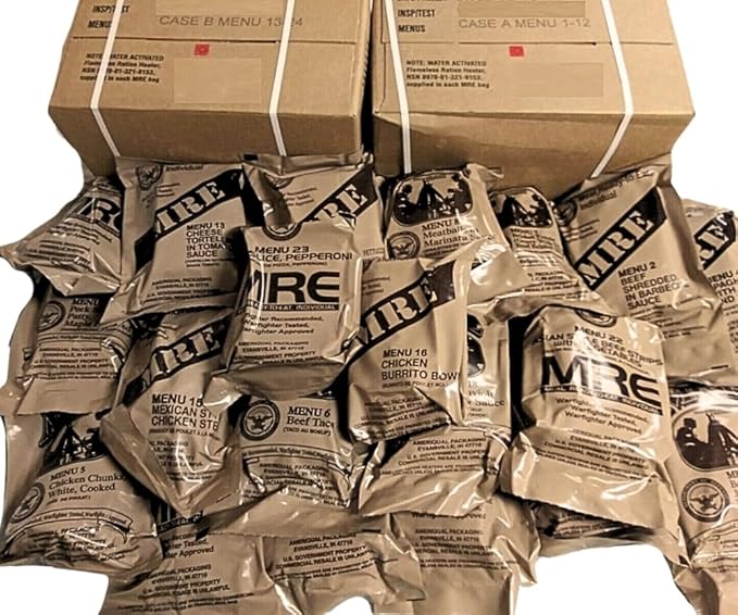 MRE Meals Ready to Eat B case 2025, 2026 inspection. Genuine Military US surplus emergency food bulk supply full box with heater - menus 13 to 24