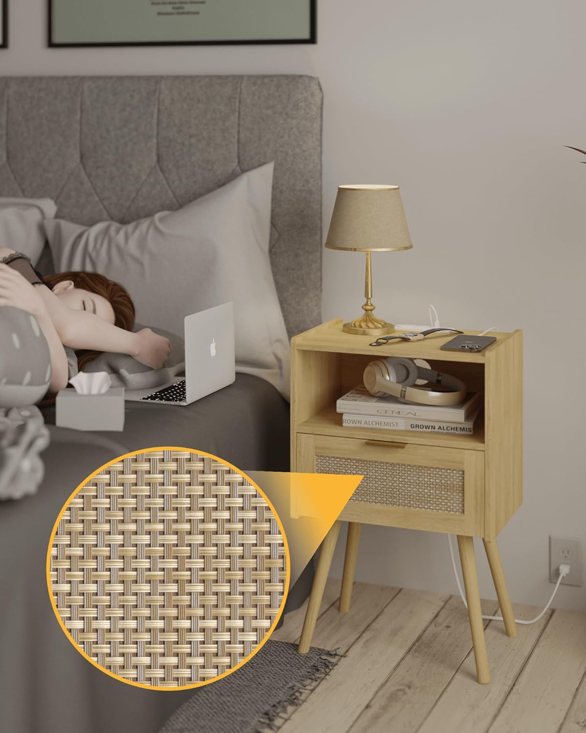 Rattan Nightstand with Outlet,Modern Bedside Table with Storage Drawer and Open Wood Shelf, for Living Room, Bedroom and Small Spaces, Accent Night Stand with Solid Wood Legs,Yellow Oak