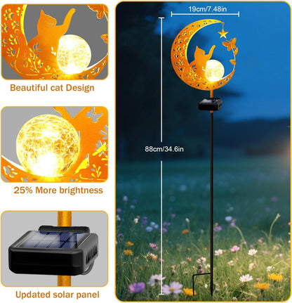 YJFWAL Garden Solar Cat Lights Pathway Stake Lights Glass Globe with Moon Cat Decor, Gifts for Mom Grandma Friends, Outdoor Decor Light Waterproof for Walkway, Yard, Patio or Garden (Warm White)