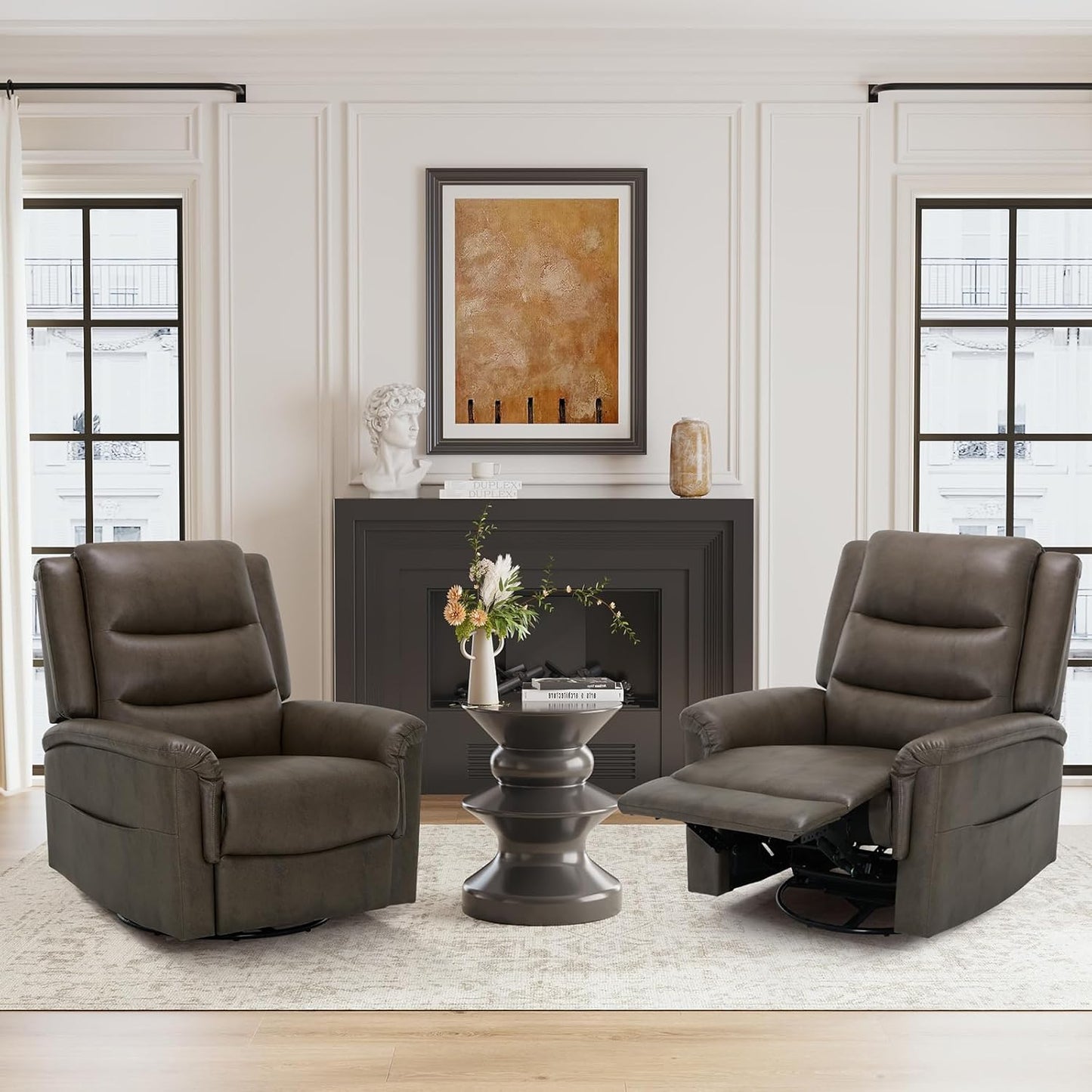 COLAMY Oversized Leather Recliner Chair, 360°Swivel Rocking Manual Recliner with Thick Cushioned Padding Backrest and Wide Seat - Lightbrown