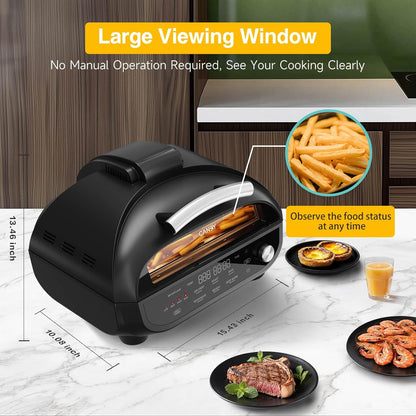Indoor Grill and Air Fryer Combo with Ceramic Accessories, 7-IN-1 Digital Display, 5.2 QT Electric Smokeless, 500°F Max, Large View Window, Roast, Bake & Dehydrate, Adjustable Temps, Easy Clean